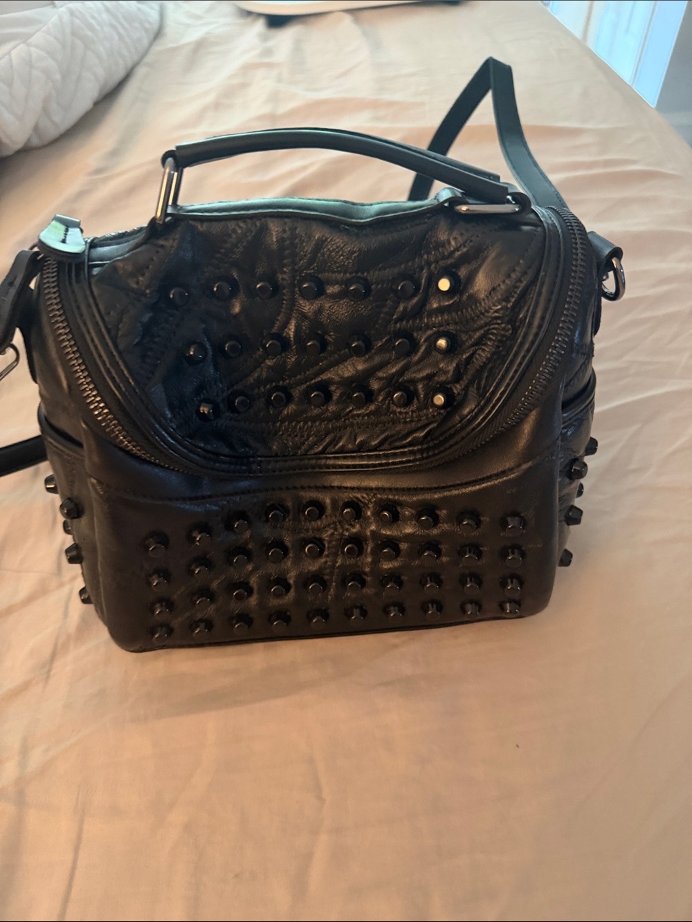 Edgy Black Studded Leather Shoulder Bag - Women